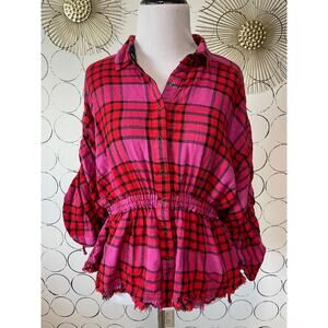 We the Free Womens Plaid Pacific Dawn Shirt S Red Pink Colorful Preppy Wool